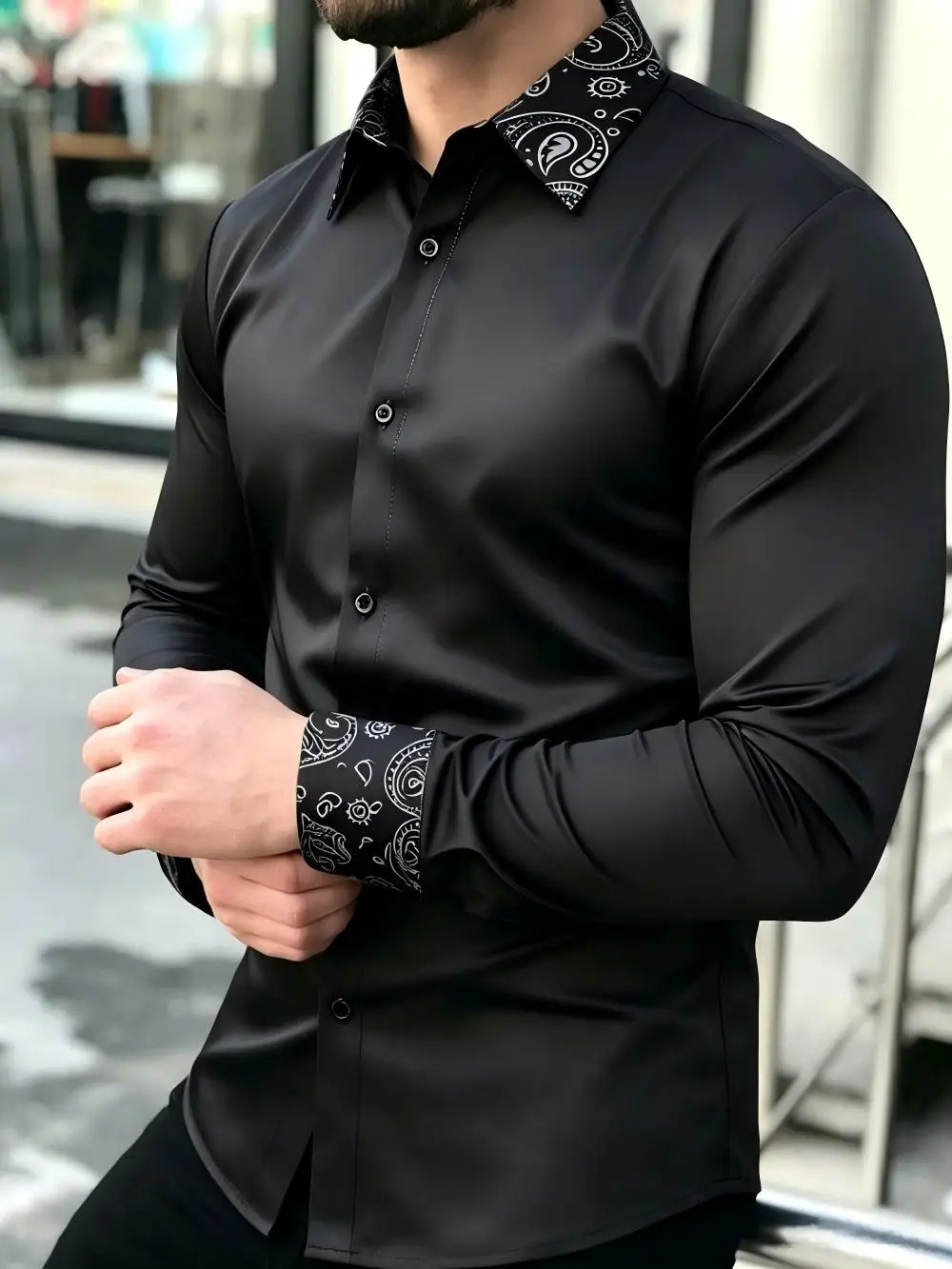 Men's Satin Long Sleeved Shirt, Autumn, Casual, Paisley Patterned Collar Shirt, Business and Social Gatherings