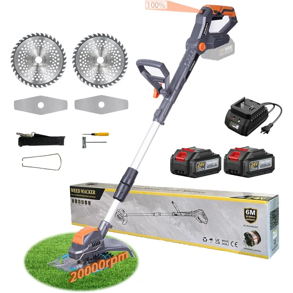 

Беспроводной триммер для сорняков, электрический триммер для сорняков, 24 В, 4,0 Ач, питание от аккумулятора, мощный двигатель 1300 Вт, кусторез 2-в-1, триммер для травы