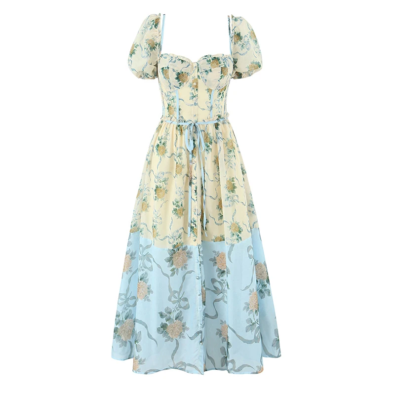 Jastie Patchwork imprimé fleuri Boho robes d'été femmes Vintage manches bouffantes a-ligne Midi Robe en mousseline de soie Chic dame Robe de vacances