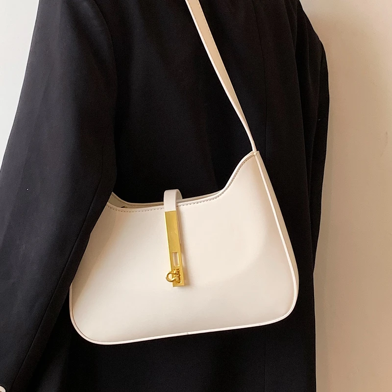 Elegant PU Underarm Bags For Women New Chic Lock Desigan Versatile Commute Chain One Shoulder Bag Simple All-matched Handbag