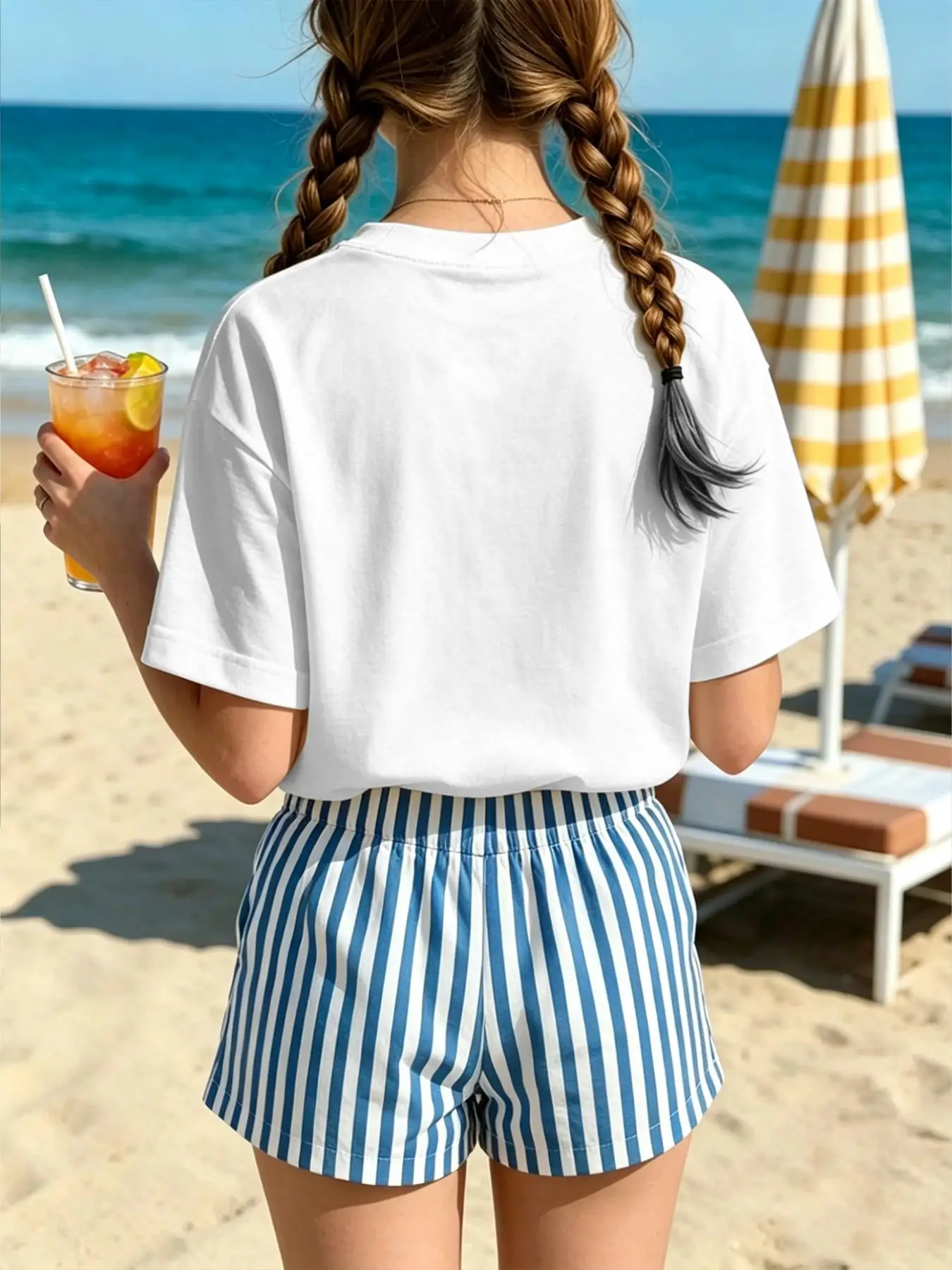 Girls' Summer Two-Piece Set with Printed Short Sleeves and Striped Shorts, Fresh Blue Floral Casual Home and Outdoor Versatile Children's Clothing, Suitable for Girls Aged 4-12
