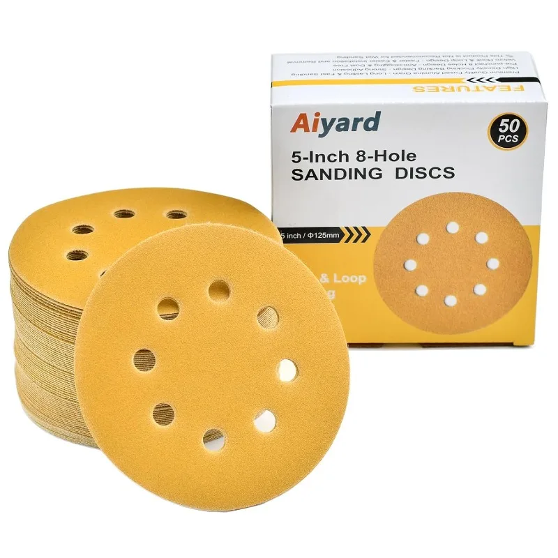 

5-Inch 8-Hole Hook and Loop Sanding Discs 220-Grit Random Orbit Sandpaper, 50-Pack