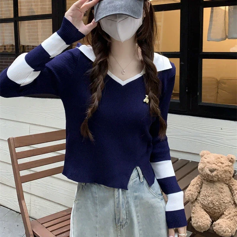 Truien Dames Slank Eenvoudig Breien Lente Ontwerp Patchwork Mode Turn-down Kraag Vrije tijd Elegant All-match Koreaanse stijl Nieuw