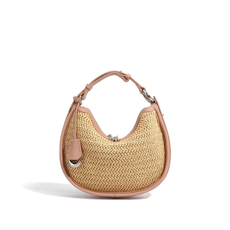 Half Moon Weave Straw Bags For Women Luxury Designer Genuine Leather Handbags Purses 2024 New Casual Hollow Out Underarm Bags