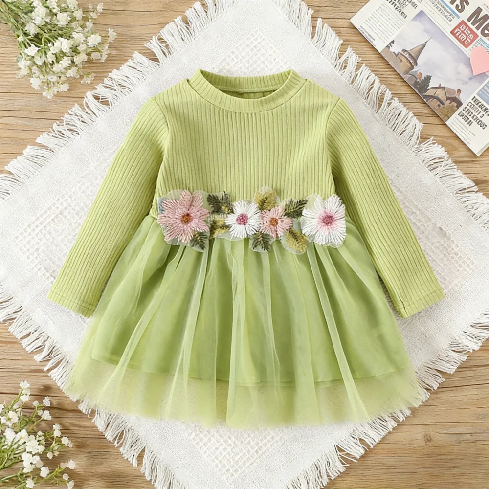 

Girls' Dress Spring/Fall Floral Embroidered Mesh Long-Sleeve Baby Girl Dress Adorable Princess Baby Dress Baby Girl Clothes