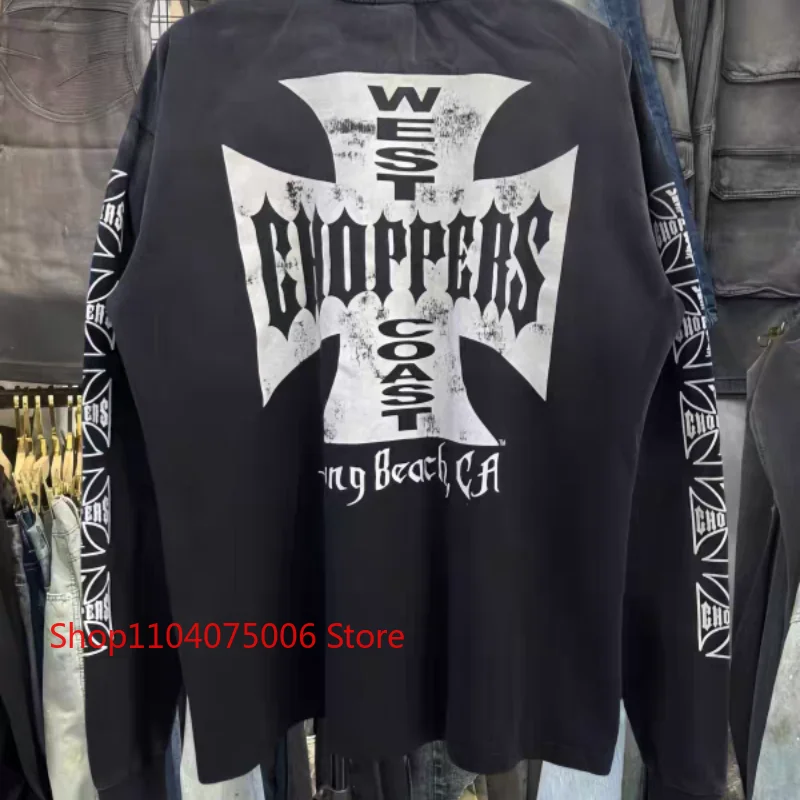 Vintage Washed Oversized Long Sleeve T Shirt Men Front Back Cross Print Full Sleeve Biker Tee