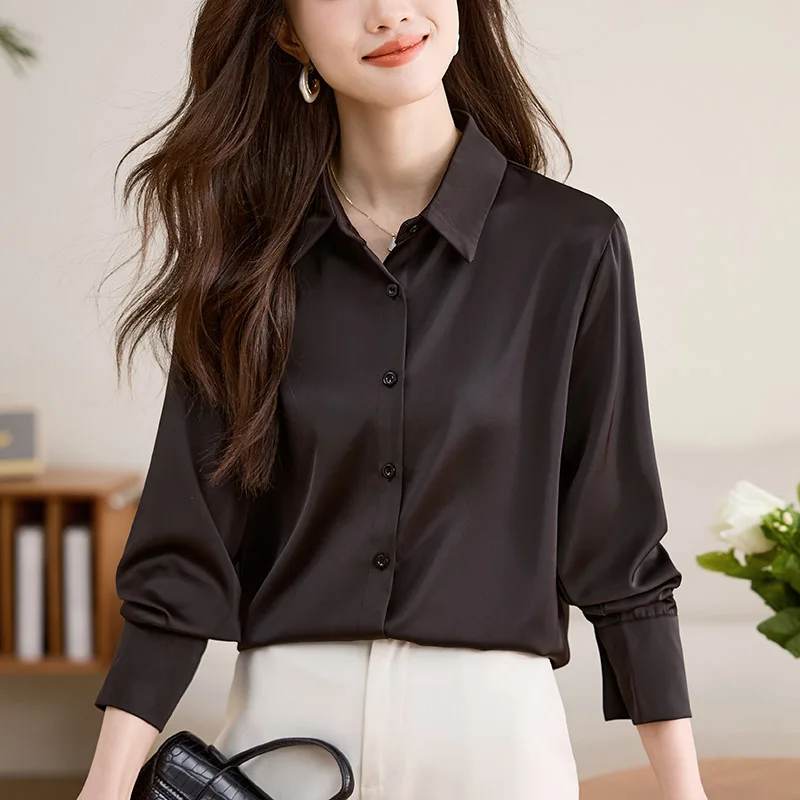 

Women Clothing Fashion Elegant Black Satin Long Sleeved Shirts 2024 Spring New Casual Satin Blouses Office Lady All-match Tops