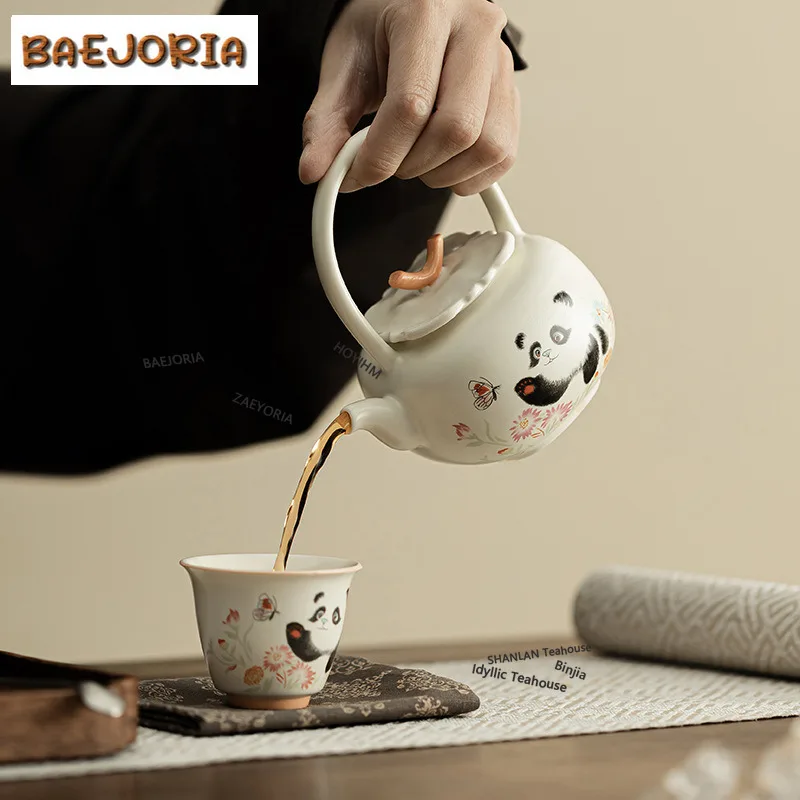 BAEJORIA 176ML Cream Ding Kiln Panda Play Butterfly Lifting Beam Teapot Handmade Tea Infuser Pot Tea Making Kettle Filter Gifts