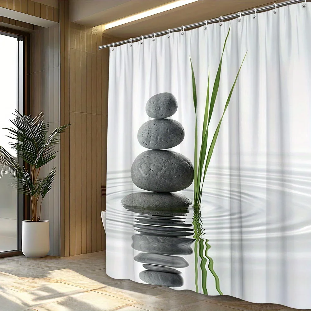 Modern Zen Stone Stack Bathroom Shower Curtain Waterproof White Spa Decor for Bathroom Home Design