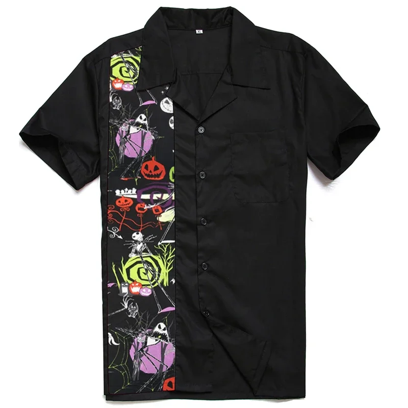 Halloween Men Shirt Vintage 1950s Rockabilly Mens Shirt Rock N Roll Short Sleeve Punk Rave Shirt Mens Hip Hop Stitching Camisa