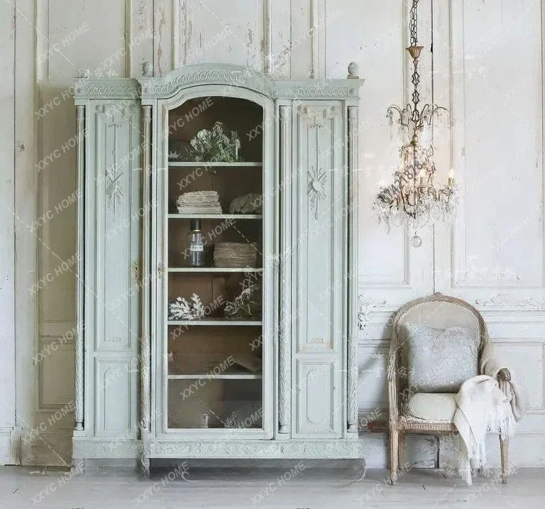 L Solid Wood Bookcase Antique Wardrobe Country Carved Locker Antique Decorative Display Cabinet Wardrobe