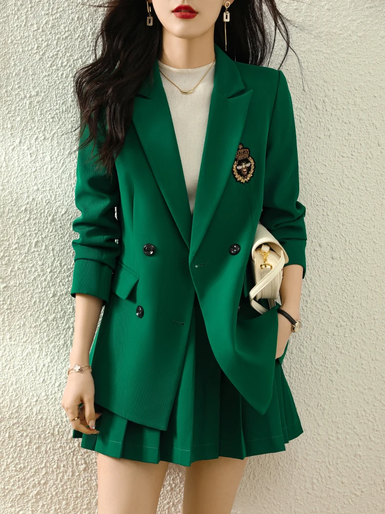 

Green Suit Jacket Women's Casual Style Academy Trend Long Sleeve Double Button Polyester Fabric Fashionable Office Wear