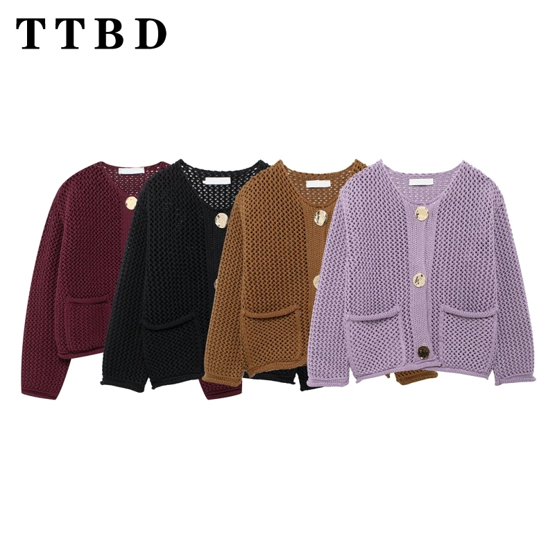 TTBD 2024 New Fall Female Vintage Solid Cardigan Women Chic Round Neck Long Sleeve Sweater Jacket Casual Knit Coat Fashion Top