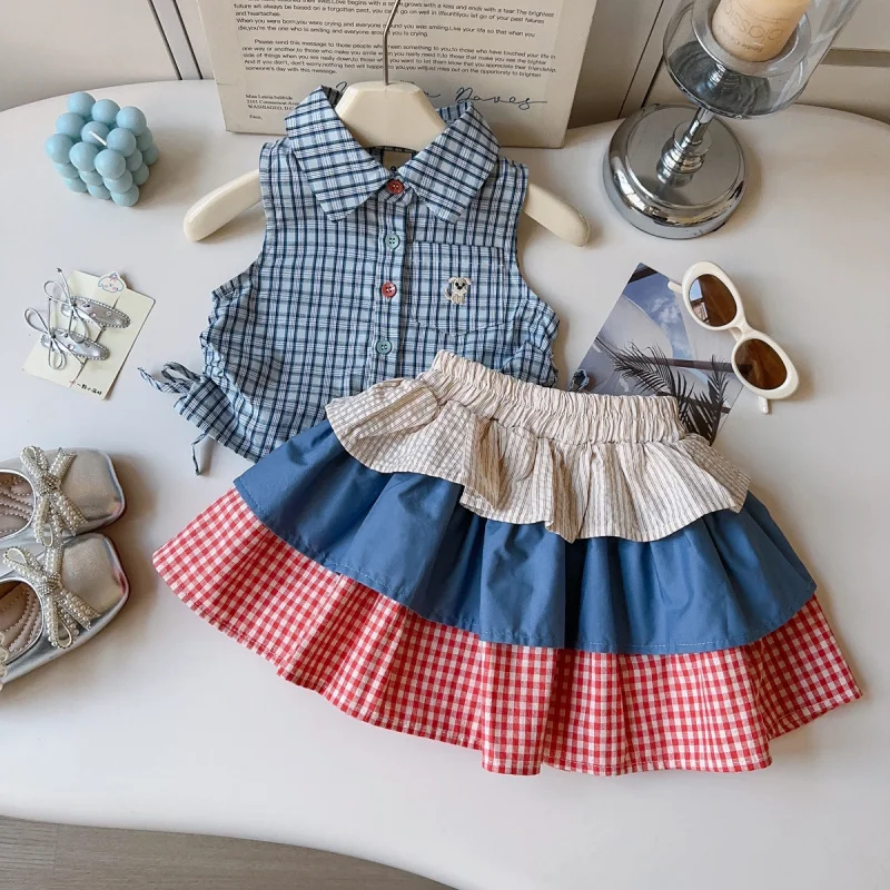 

2026New Summer Girls' Outfit: Stylish Plaid Sleeveless Collared Shirt and Skirt Two-Piece Set