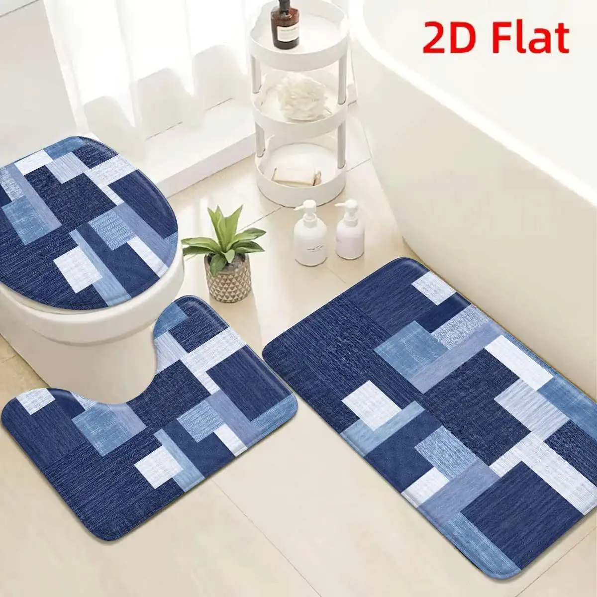 3‑Pieces Handmade Modern Patchwork Bathroom Mat Set, Decor Rug Kit With Toilet Lid Cover & U‑Shaped Mat, Cozy Home Decor