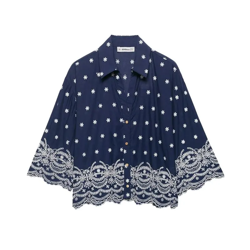 Conjunto de Csa e Calças com Estampa Bordada Casual Faionável Novo Verão 2025 Roupa Fena Poliéster Manga Longa Gola ...