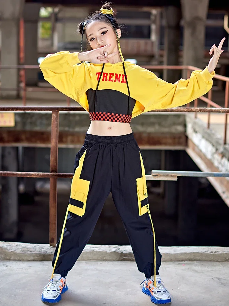 

Girls Yellow Hooded Tops Hip Hop Pants Kids Jazz Street Dance Performance Stage Costume Kpop Modern Dance Clothes