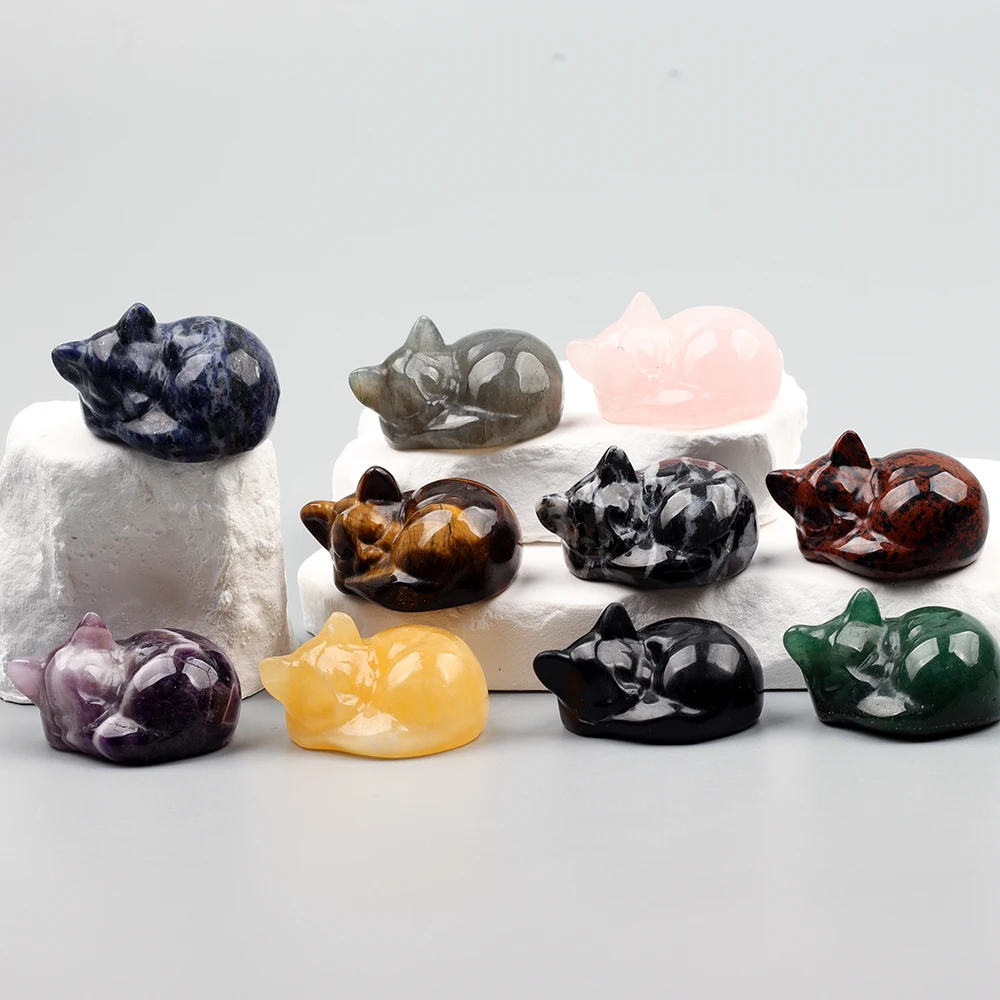 1.5 Inch Hand Carved Tiger Eye Sleeping Cat Figurine Jade Kitten Statue Crystal Collectible Home Decor Ideal Size