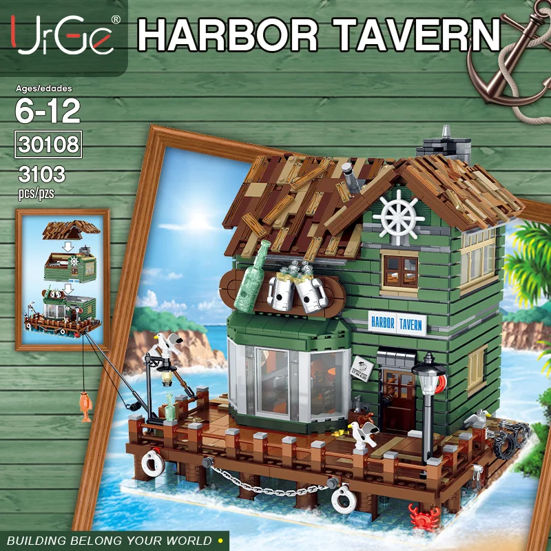 UrGe 30108 Harbour Tavern Block Model Fisherman's Hut Street View Series DIY block toy holiday gift 3203Pcs