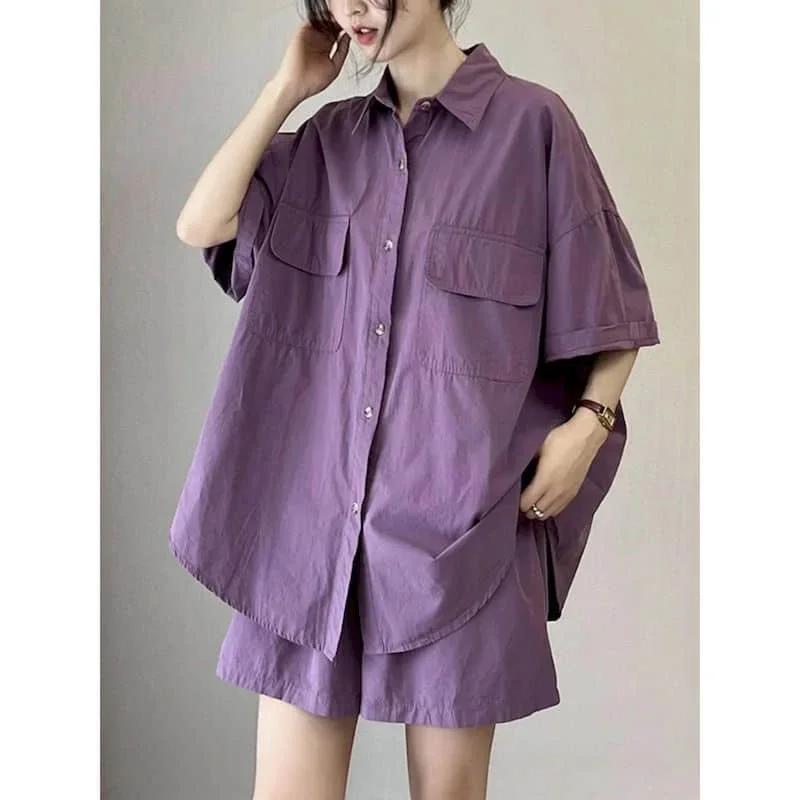 

Shorts Sets Oversized Half Sleeve Korean Style Polo-neck Shirts and Wide Leg Pants Loose Two Piece Sets Casual Women Clothing