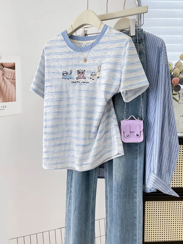 Summer  Contrast Color round Neck Striped  Embroidery Short Sleeve T-Shirt Women's Casual Versatile Top Cotton Blend