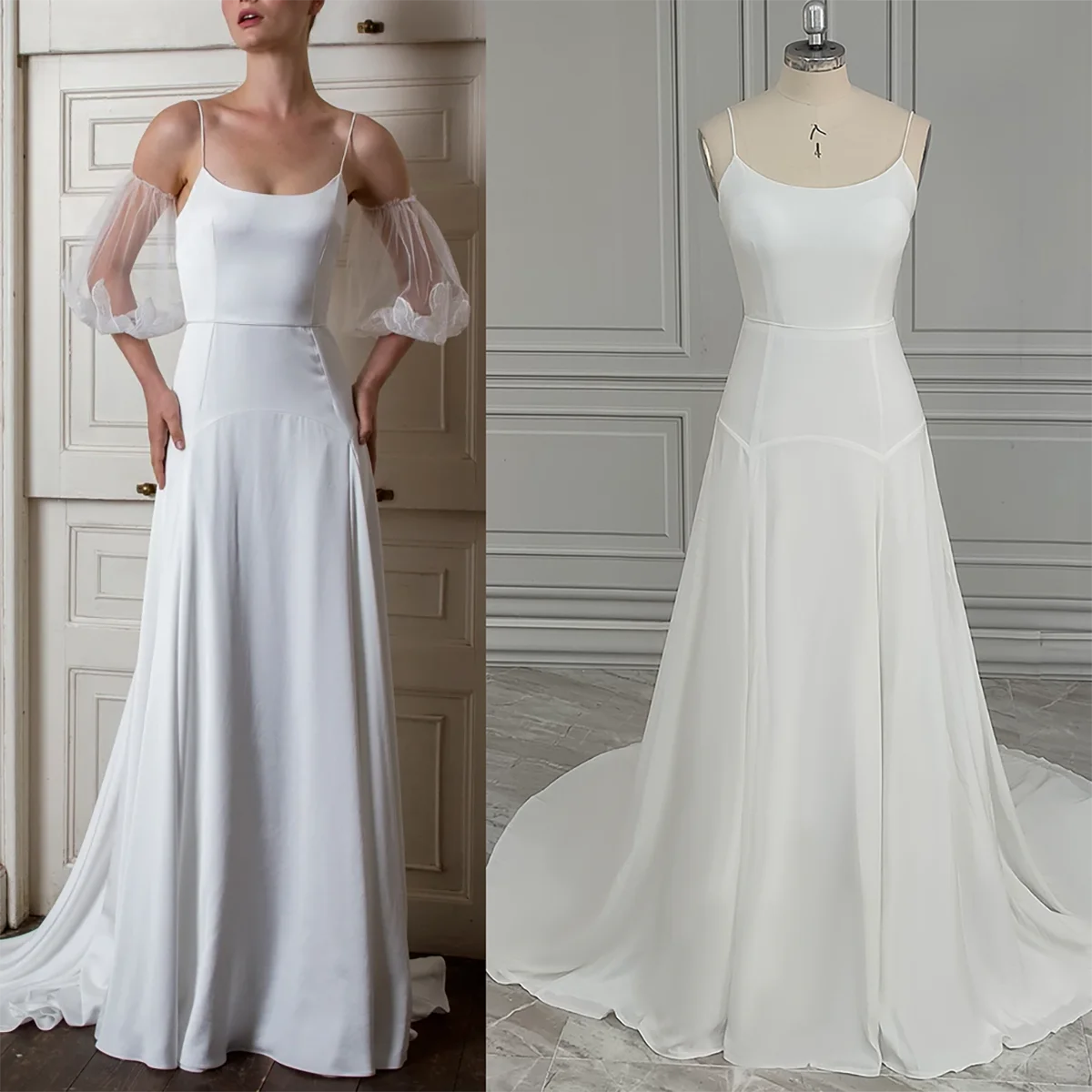 Spaghetti Straps Scoop Neck Simple Wedding Dress Customized Plus Size Zipper Elastic Satin Removable Puff Sleeves Bridal Gowns