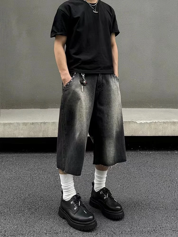 

American Retro Men's Denim orts Summer Loose Straight Leg Wide Leg Six-Part Pants Cool And Haome Japanese Sle