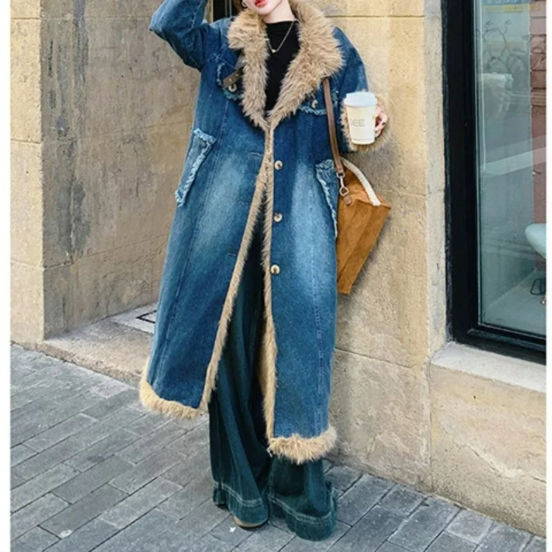 

French Style Long Cardigan Jean Jacket Women Autumn Winter Warm High End Button Pocket Thicken Coat Long Sleeve Outwear