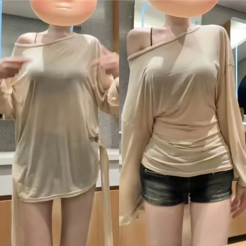 2025 Thin Slim Fit Versatile Slimming Shirt New Long Sleeved Tops Back with Waistband Top Summer Round Neck Sun Protection Blous