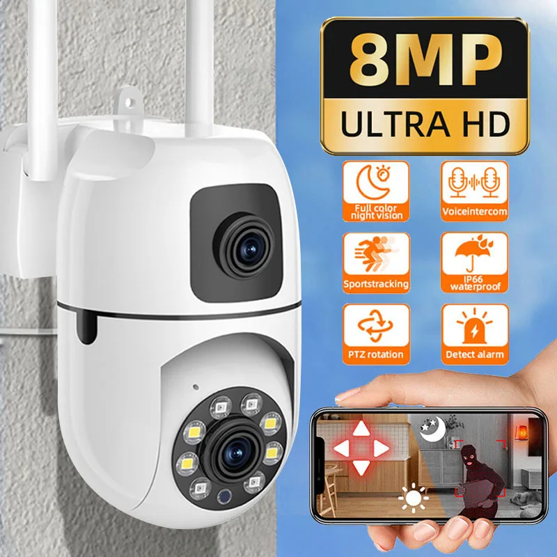 

8MP Dual Lens Dual Screen WIFI IP Camera Surveillance Cameras Wireless Outdoor Auto Tracking Night Vision 8X Digital Zoom CCTV