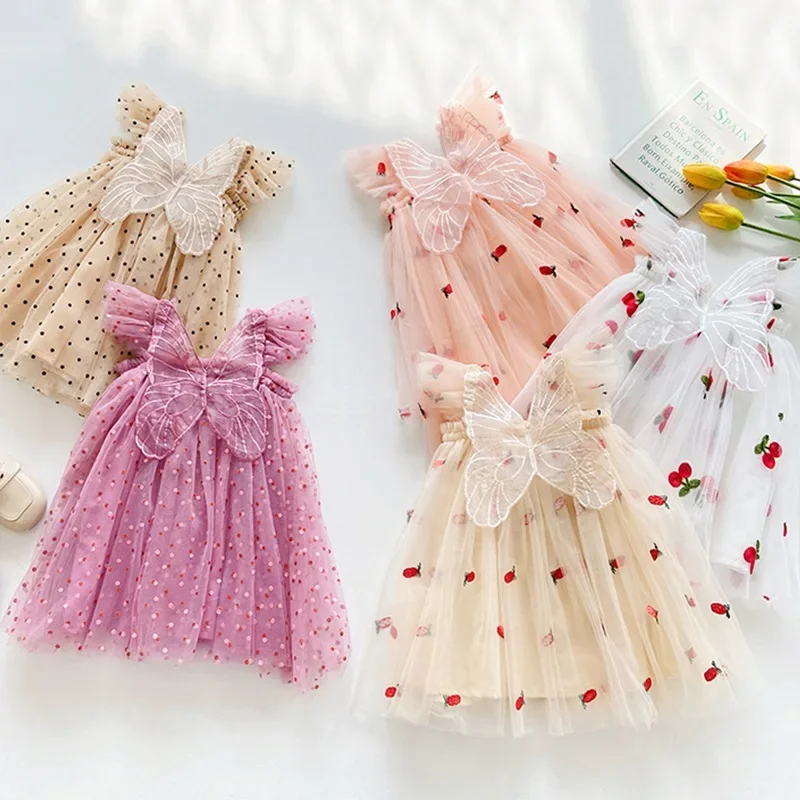 Summer New Girls Little Flying Sleeve Dress Children Cherry Embroidery Mesh Princess Dress Baby Girl Birthday Party Dress 1-5Yrs