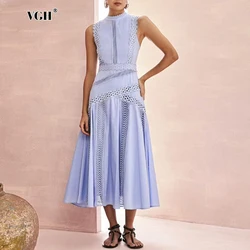 VGH Solid Embroidery Elegant Long Dresses For Women Stand Collar Sleeveless High Waist Hollow Out A Line Dress Female New 2024