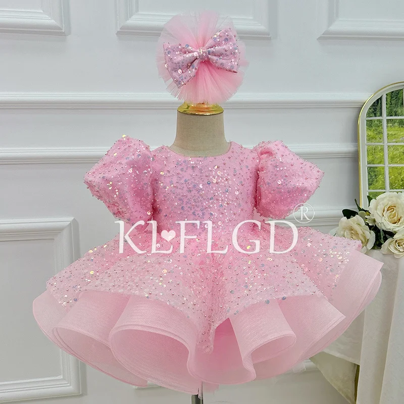 KLFLGD New Sequined Blue Dress, gorgeous Flower Girl Wedding Dress, High-End Banquet Custom Girl Beauty Pageant Costume