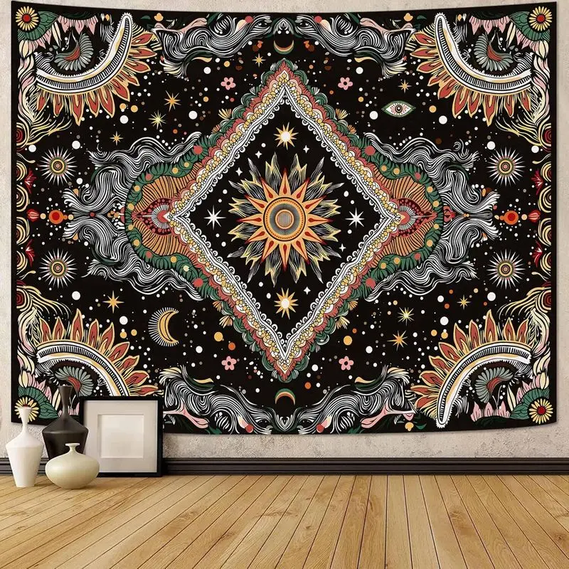 VIKAMA Retro Sun Face Tapestry Orange Terracotta Sunflower Boho Wall Hanging Vintage Mystical Wall Decor Living Room Bedroom