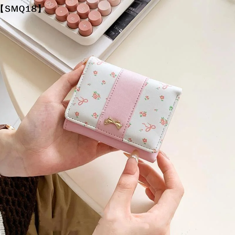 Cute Floral Print Faux Leather Wallet With Gold Bow Deco And Multiple Card Slots Perfect For Girls Daily Use Travel【SMQ】