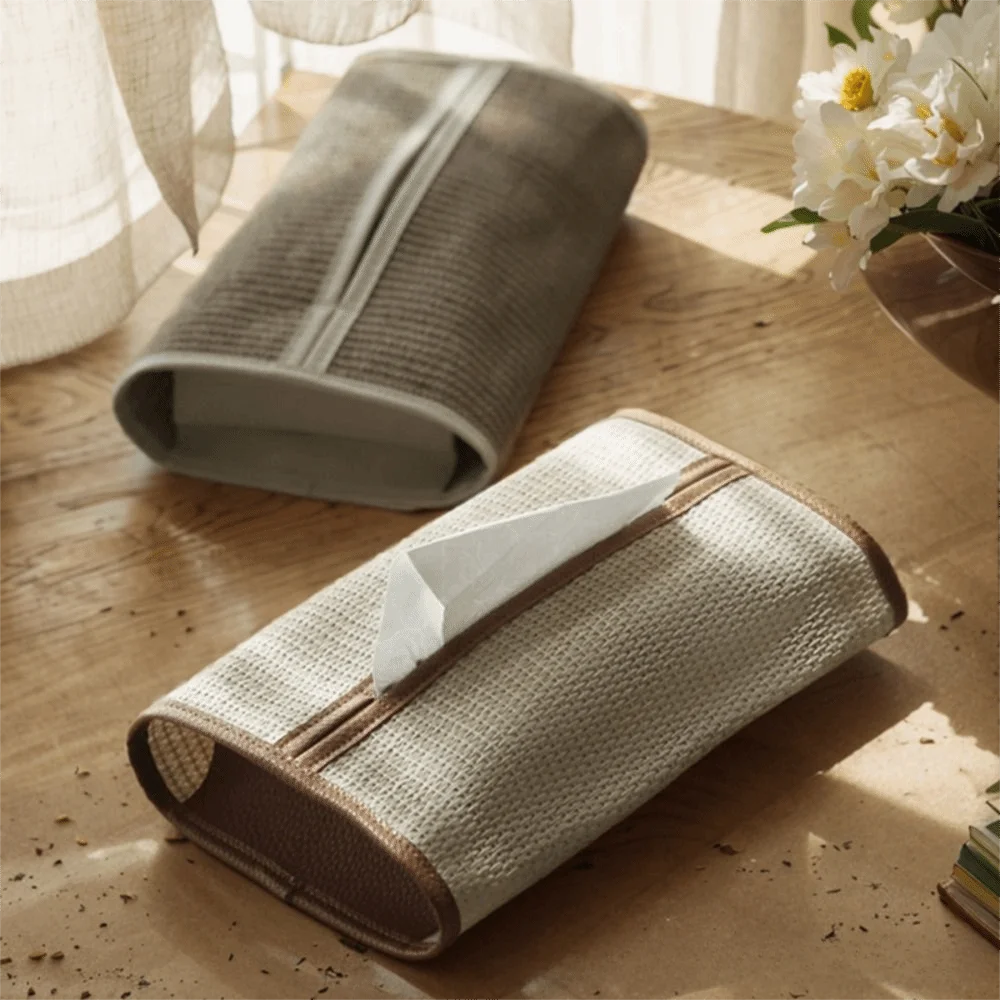 

Rectangle Shape Woven Tissue Box High-End Ornament PU Leather Facial Tissue Dispenser Space Saving Straw Woven