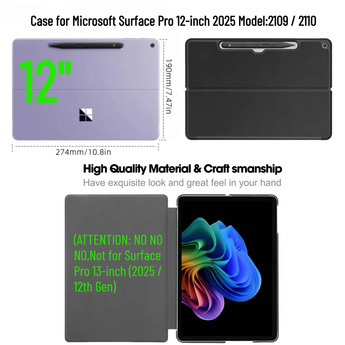 For 2025 Microsoft Surface Pro 12-inch Case PU Leather Flip Cover with Multi-Angle Stand Fit for Surface Pro 12