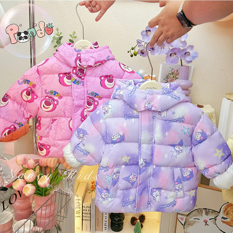 

2024 Winter Children Hooded down Jacket Baby Girls Sanrio Kuromi Strawberry Bear Cartoon Thicken Warm Coat Kids Clothes Outwear