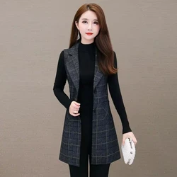 Women Long Blazer Vest Elegant Office Lady Plaid Coat Female Waistcoat Causal Suits Sleeveless Jacket Pocket Outwear