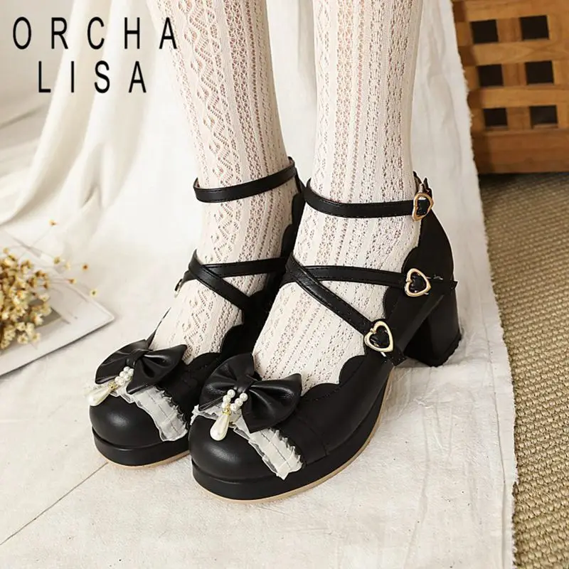 ORCHALISA Lolita Girls Pumps Round Toe Block Heels Platform Buckle Strap Bowknot Big Size 43 44 45 School Student Sweet Shoes 33