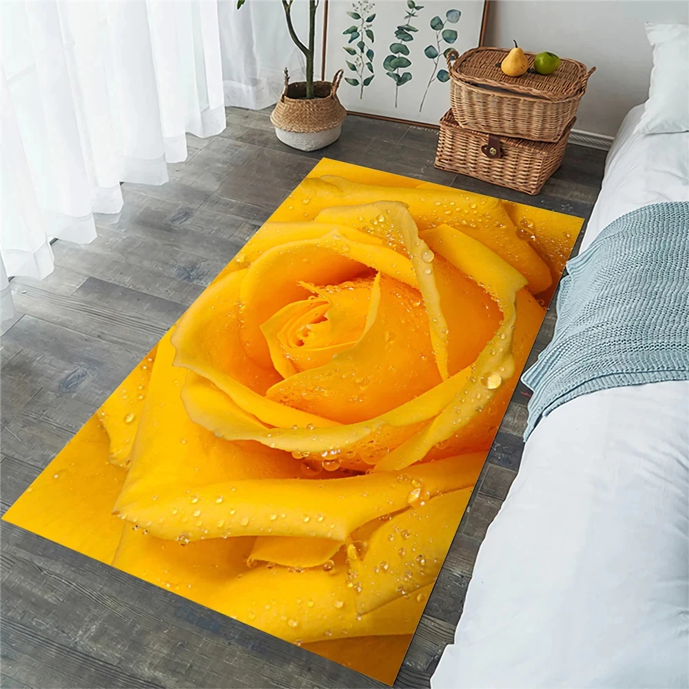 Fashion Flowers Floor Mat Yellow Rose Petal 3D Printed Carpet for Living Room Area Rug Kitchen Mat Alfombra Bedroom Decor Carpet