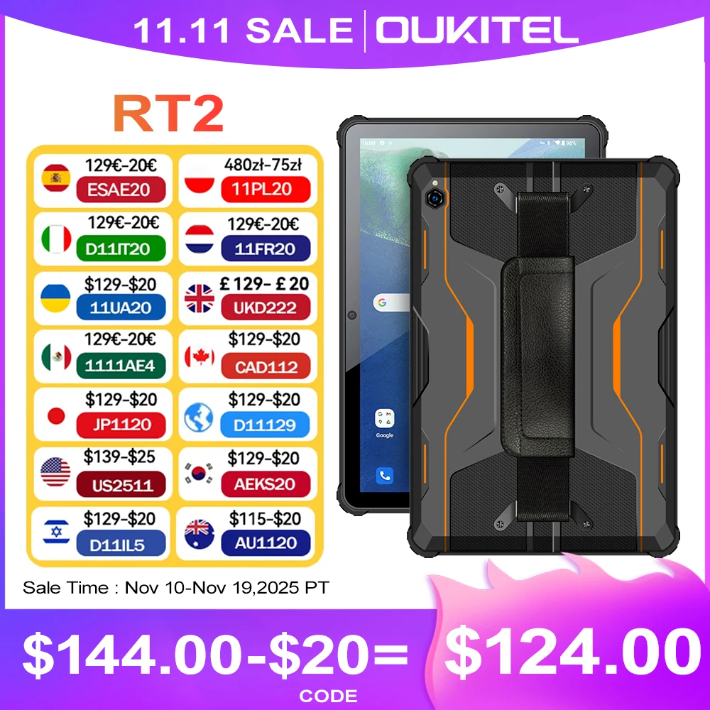 Oukitel RT2 8GB 128GB Rugged Tablet 20000mAh 10.1 Inch FHD+ Pad IP68&IP69K 33W Fast Charge 16MP Android 12 Tablets
