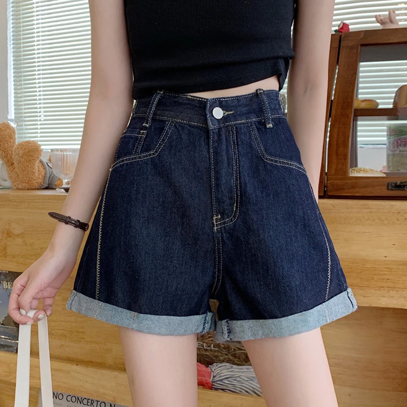 

High Waist Women Short Jeans 2024 Summer Loose Summer Denim Pant Dark Blue Casual All Match Trousers Ladies Female F171