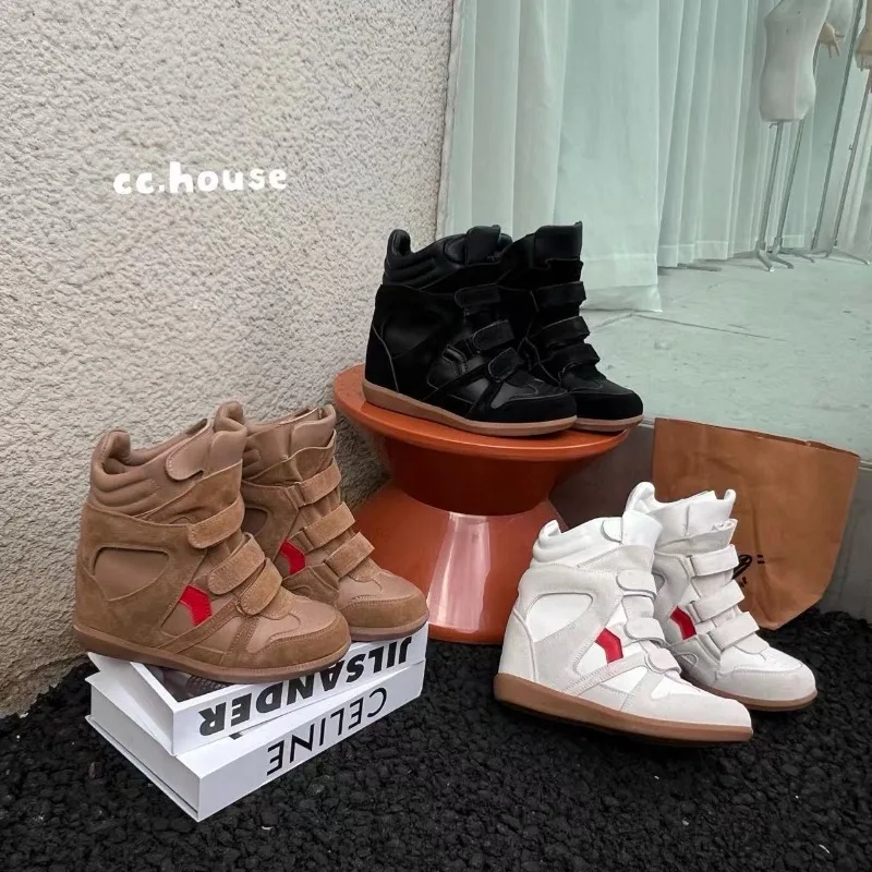 Women's Genuine Leather HighTop Hidden Wedge Sneakers 8CM Hook Loop Fastener Thick Rubber Outsole Casual Daily Fashion Board