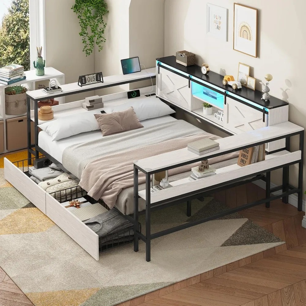 سرير Hasuit ذو زاوية كاملة مع أدراج وأرفف تخزين لخزانة الكتب، وسرير نهاري كامل مع محطة شحن وإضاءة LED، وخشب المزرعة