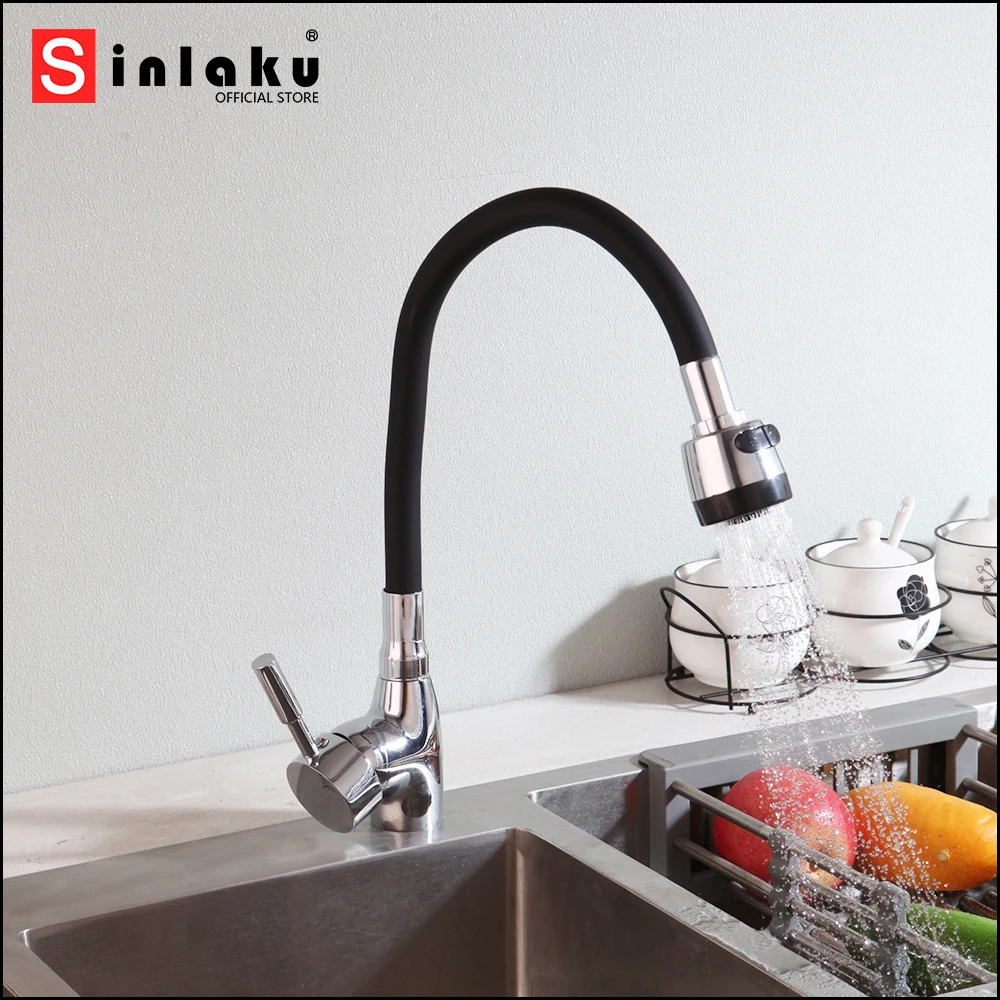 

SINLAKU Kitchen Sink Faucet Matte Black and Chrome Finished Silver Faucets Hot Cold Water Mixer Single Lever Deck Mounted Tap