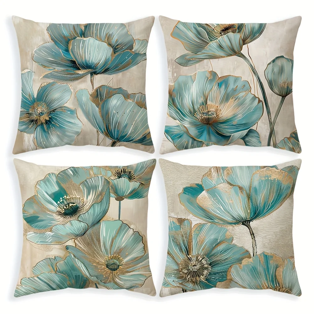 Modern Luxury Style Pillow Covers, Teal & Gold Poppy Floral Print Cushion Cases, Cozy Neutral Home Decor for Bedroom Living Room