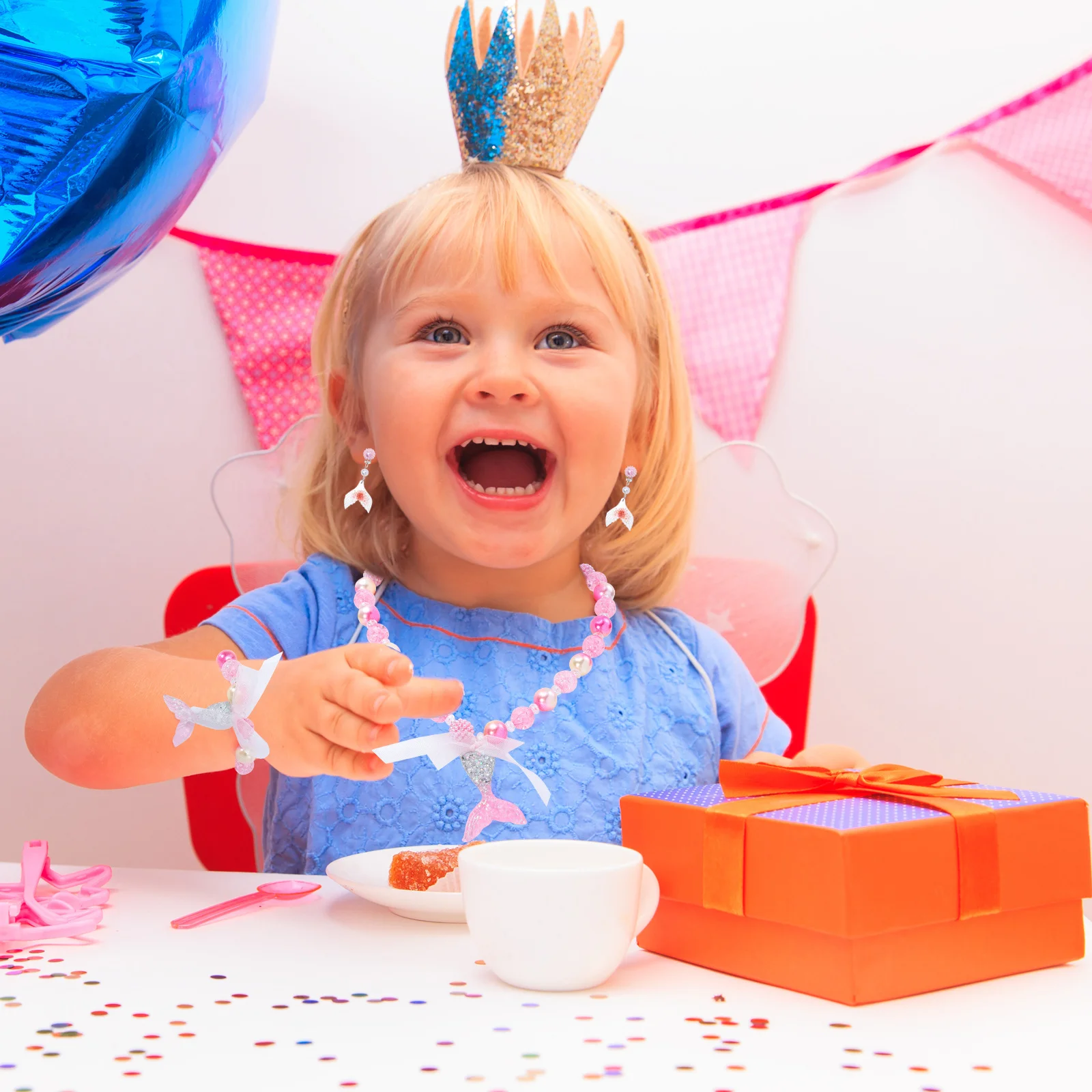 

1Set Children Jewelry Set Pearl Necklace Clip-on Earrings Necklace Wrist Chain Party Neck Decoration Colorful