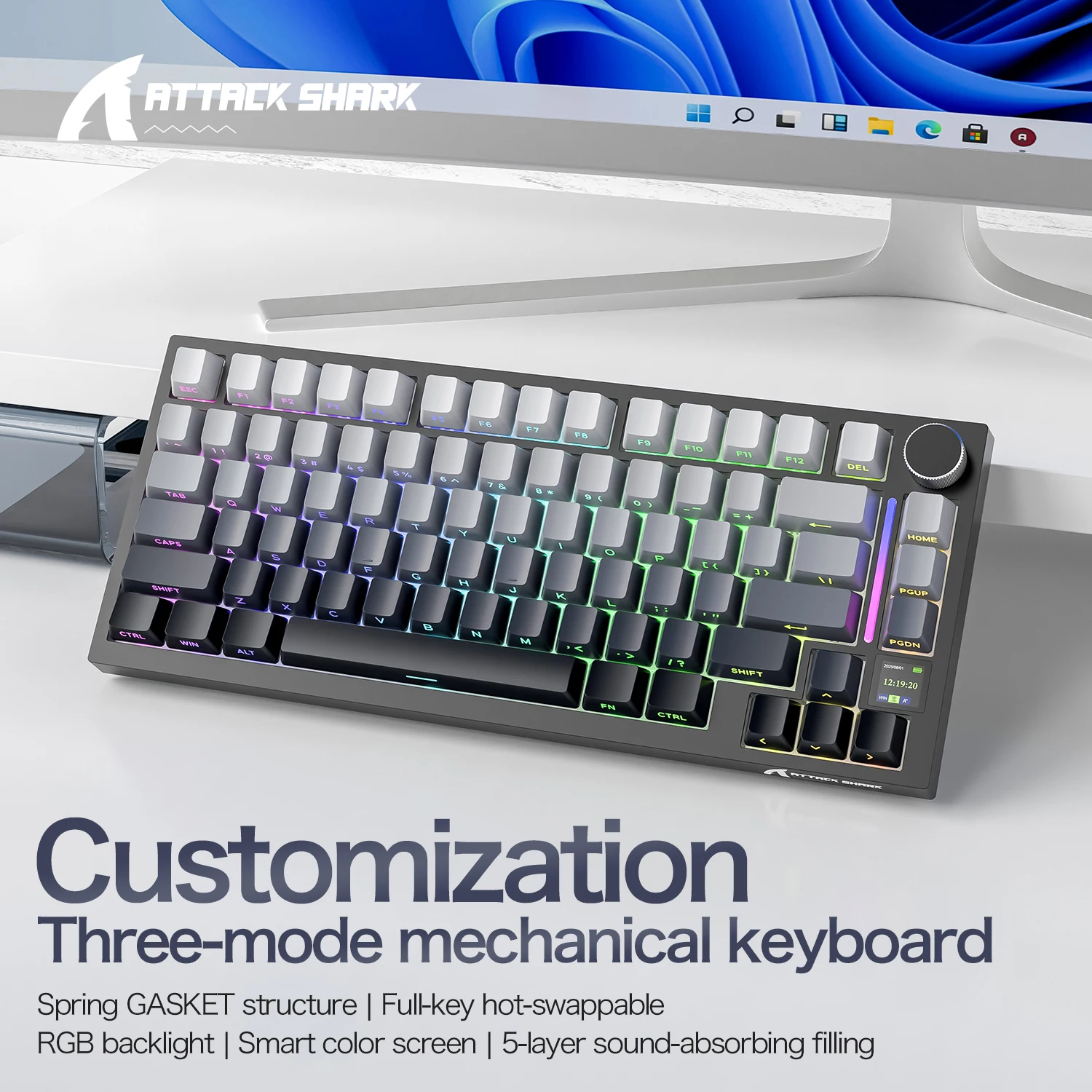 ATTACK SHARK X820 Ultra Wireless Mechanical Keyboard 75% TFT Display Knob RGB Hot Swappable Gasket Bluetooth 2.4G USB-C 4000mAh