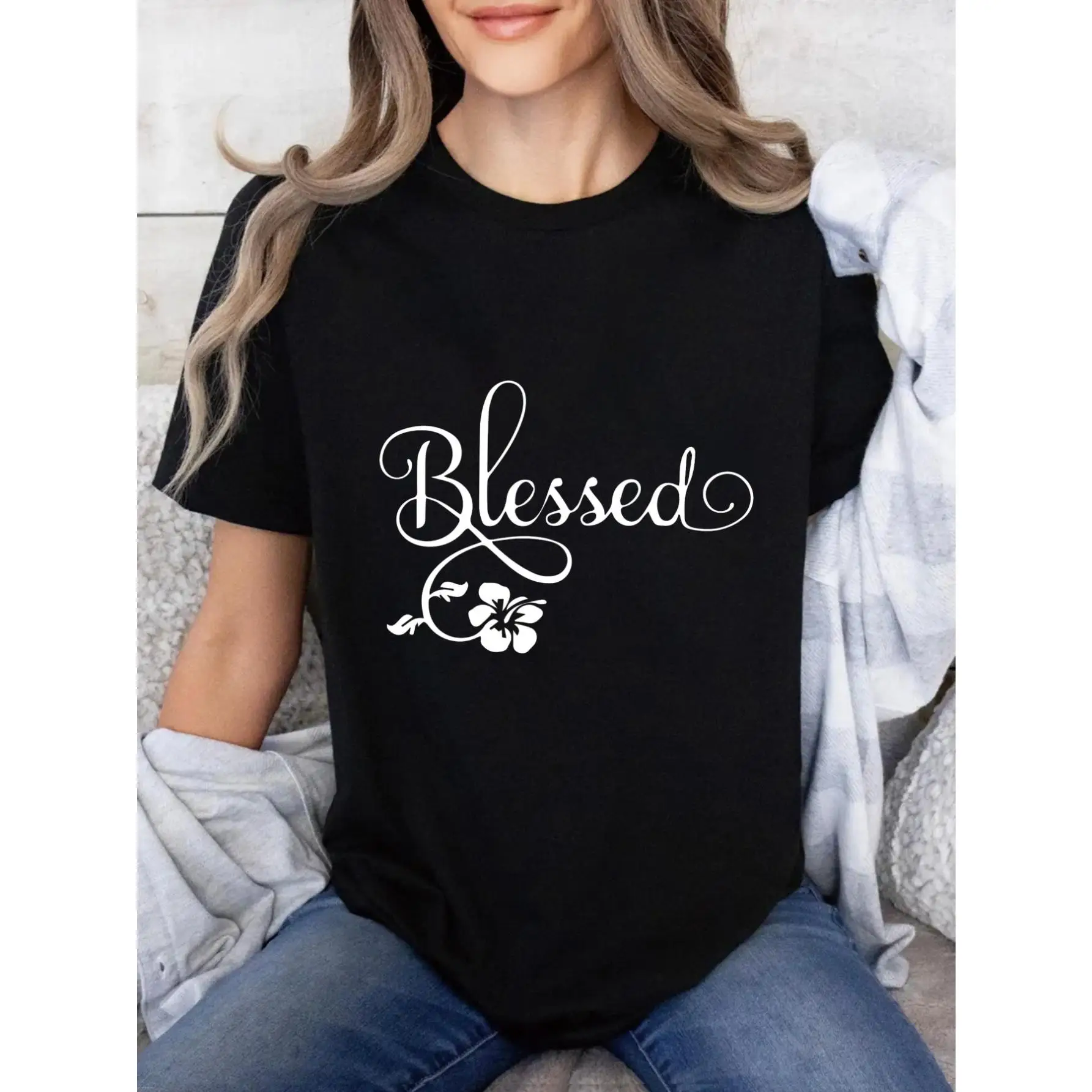 

Women's Y2K Style Blessed Floral Print T-Shirt - 100% Cotton Breathable Short Sleeve Crewneck Top, Black with White Script & Flo
